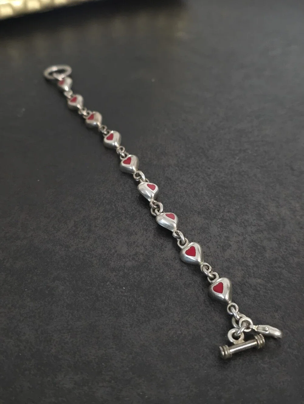 Vintage 925 Sterling Silver Red Enamel Heart Bracele